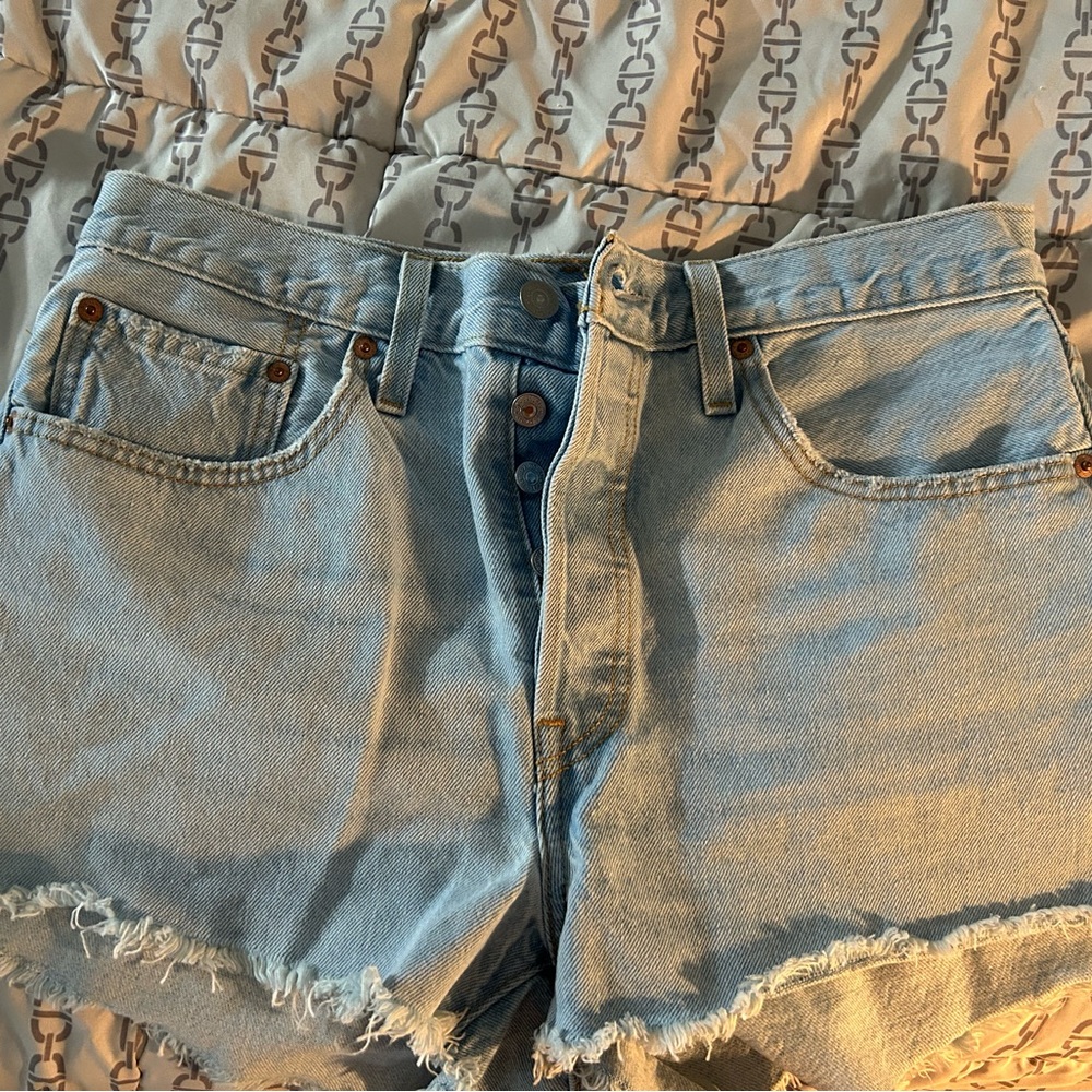 Levi's Blue High-Waisted Jean Shorts Distressed